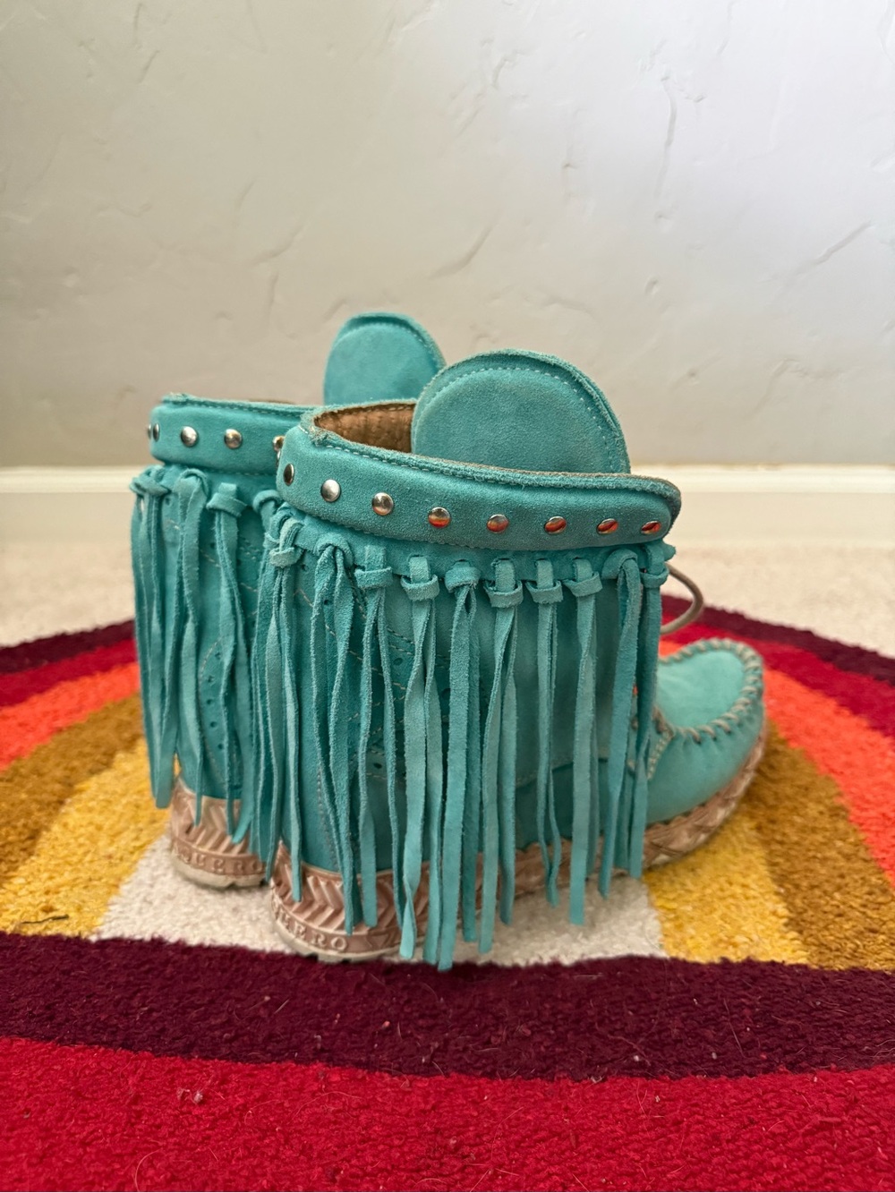 El Vaquero Cowboy Turquoise Suede Fringe Moccasin Booties - - Picture 2 of 3